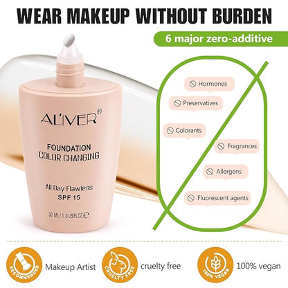 Colour Changing Foundation, 2Pack Color Changing Liquid Foundation Makeup Base Moisturizing Concealer Cover for Women, SPF15, Sunscreen, Non-Greasy, Long Lasting