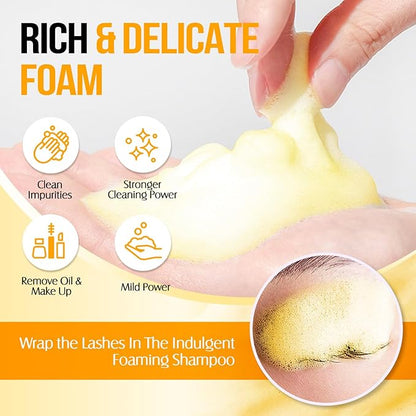 Lash Shampoo for Lash Extensions 60 Ml/2fl.oz Eyelash Extension Cleanser Oil Free Lash Cleanser for Eyelash Care, Gentle Foaming Eyelash Shampoo with Brush for Salon Home Care (Turmeric 60ml)