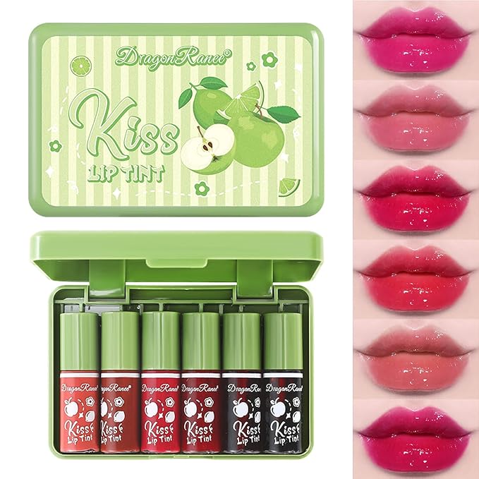 6 Colors Lip Tint Stain Set, Lip Stain Long Lasting Waterproof, Non-sticky & Lightweight Lip Tint, Multi-Use Liquid Blush & Lip Stain, Korean Lip Gloss with Moisturizing Lip Color Tint