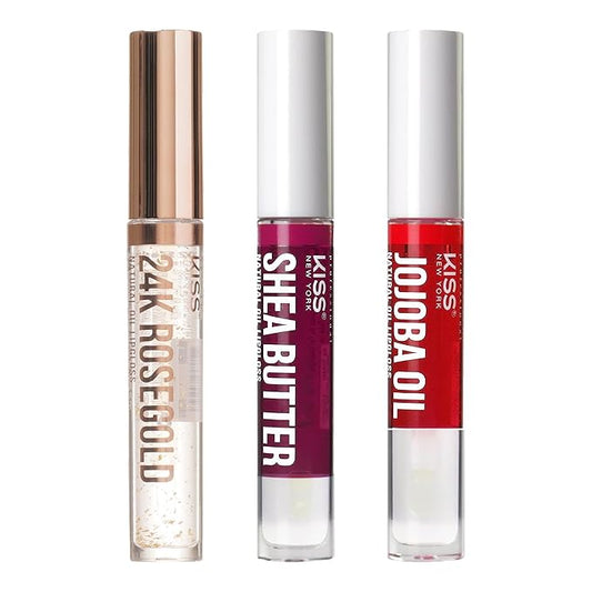 3 PACK Lip Oil Gloss, Hydrating Non-Sticky Lip Oil, 100% Natural Oil Clear Lip Gloss, Lightweight Lip Moisturizer (Rosegold & Shea Butter & Jojoba)