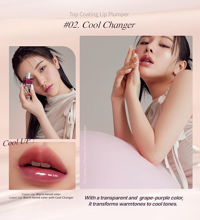 Heart Percent Dote On Mood Top Coating Lip Plumper, High-Shine Glossy Finish Warm to Cool Tone Changing Lip Gloss 02. Cool Changer