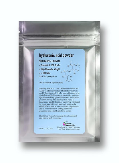 Hyaluronic Acid Powder (1 oz. / 28 grams) 1800 kDa+ Pure Hyaluronic Acid Powder Natural Cosmetic Grade, Hyaluronic Acid High Molecular Weight Powder, DIY Hyaluronic Acid Serums