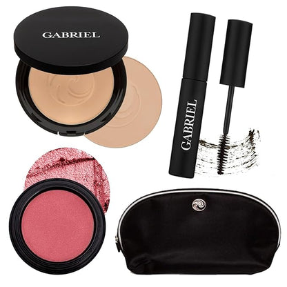 Gabriel Cosmetics About Face Set- Dual Powder Foundation (Medium Beige), 3-in-1 Multi Pot (Dahlia), Mascara (Black) and Gabriel Makeup Bag (Medium Beige SET)