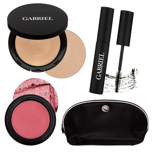 Gabriel Cosmetics About Face Set- Dual Powder Foundation (Medium Beige), 3-in-1 Multi Pot (Dahlia), Mascara (Black) and Gabriel Makeup Bag (Medium Beige SET)