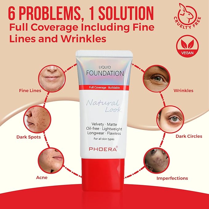 Phoera Foundation Full Coverage Makeup Set - 24hr Long Lasting Oil Control - Same Foundation Smarter Packaging - Inc x2 30ml Foundation (102 Nude)