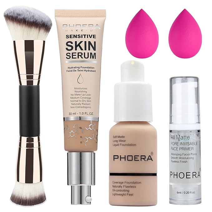 PHOERA Foundation Full Coverage,and Medium Coverage 2024 New PHOERA Foundation Makeup for Mature Skin, Wrinkles Matte Natural Finish for a Flawless Complexion (102+N03/Nude+Buff Beige)