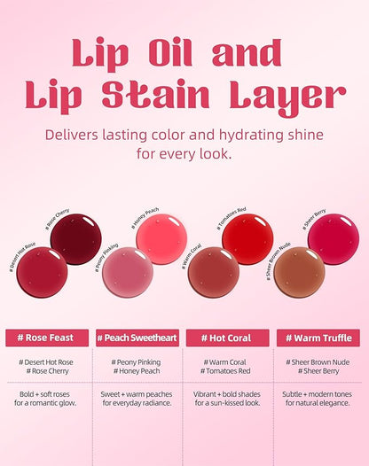 Tinted Lip Oil & Lip Stain Set, Korean Makeup, Smudge-Proof,Long-Wearing, 2-in-1 Cheek and Lip Tint with Moisturizing, High-Shine, Lightweight & Non-Sticky for Dry Lips, Cruelty-Free & Vegan