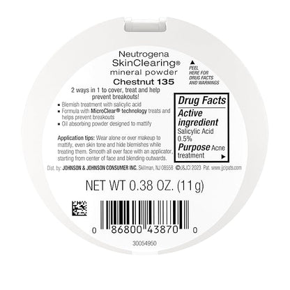 Neutrogena SkinClearing Mineral Acne-Concealing Pressed Powder Compact, Shine-Free & Oil-Absorbing Makeup with Salicylic Acid to Cover, Treat, & Prevent Breakouts, Chestnut 135,.38 oz