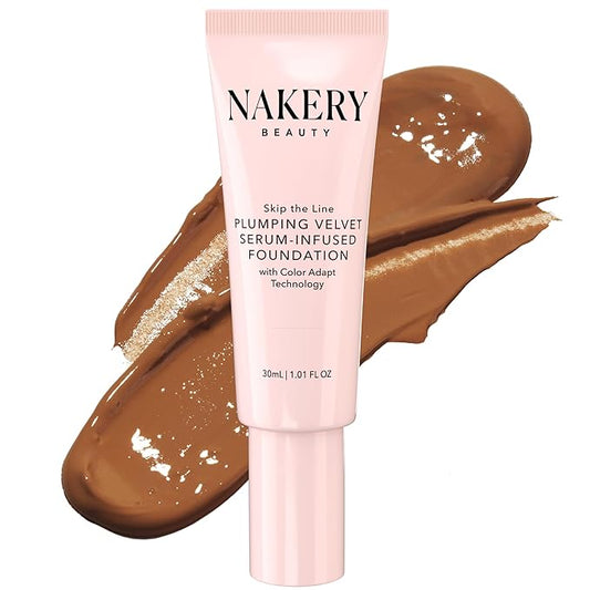 Nakery Skip the Line Full Coverage Foundation for Women - Plumping Velvet Womens Foundation Makeup Matte Finish - Age Defying Foundation - Moisturizing Foundation with Smart Color Adapt - Medium Deep