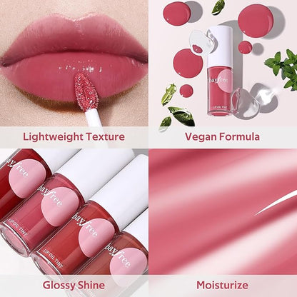 Tinted Hydrating Lip Oil, Korean Makeup Lip Gloss, High Shine, Pigmented Color, Soft Lightweight, Strong Moisturizing, Non-Sticky Lip Oil Tint for Dry Lips, for Healthy Lips All Day Long,Vegan