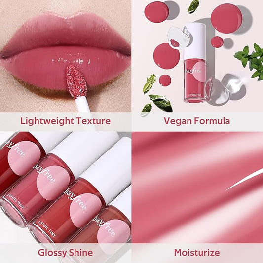 Tinted Hydrating Lip Oil, Korean Makeup Lip Gloss, High Shine, Pigmented Color, Soft Lightweight, Strong Moisturizing, Non-Sticky Lip Oil Tint for Dry Lips, for Healthy Lips All Day Long,Vegan