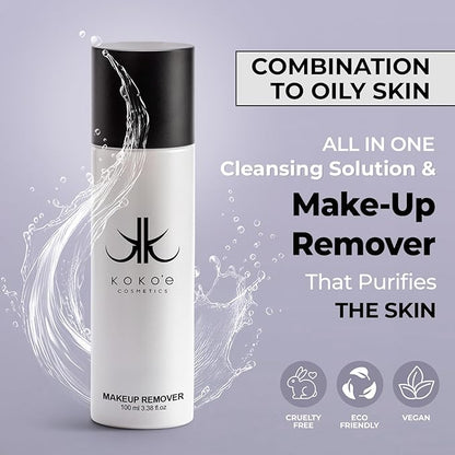 KOKOE Cosmetics Liquid Makeup Remover for Face Care, (3.38 Fl Oz) Oil Free Face Cleaner Liquid for Easy Dirt, Facial Oil and Waterproof Make up Removal, Ideal Make Up Remover for Women and Teen
