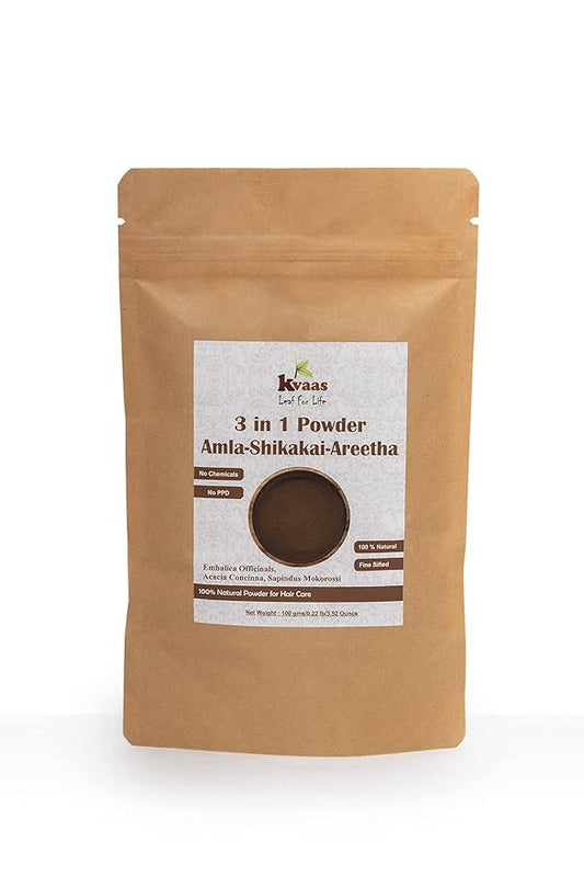3 in 1 Powder Amla - Shikakai - Areetha Powder | 3.53 Oz (100 g) | Natural & Pure Mix Powder for Hair Care By KVAAS