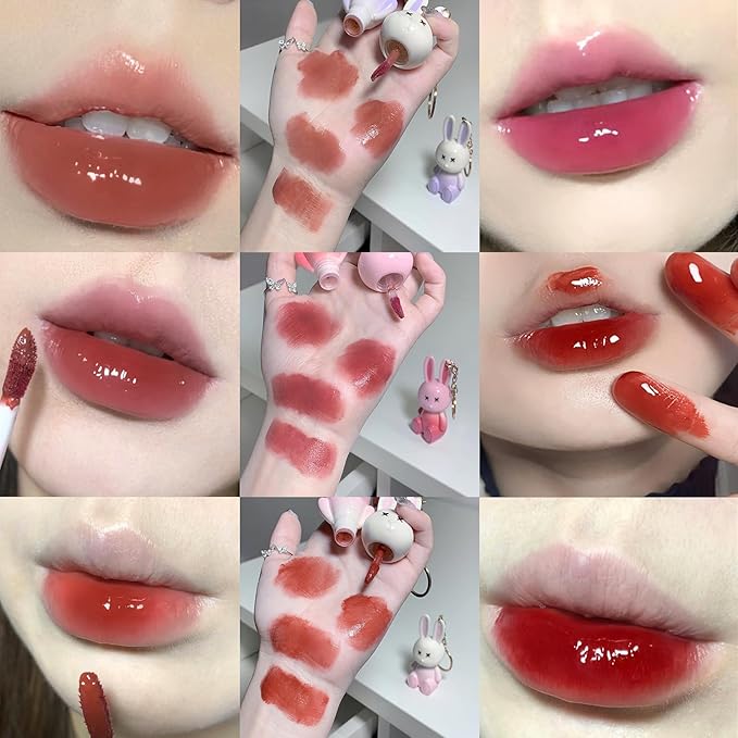 6pcs Bunny Rabbit Lip Gloss Liquid Lipsticks Set,Moisturizing Hydrating Lip Glow Oil Shine Lip Plumping Glass Waterproof Finish Party Gift for Women Girls