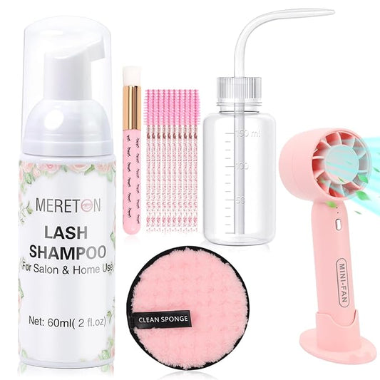 Lash Shampoo Kit 60 ml Lash Shampoo for Lash Extensions Lash Extension Cleanser 6 in 1 Eye Lash Cleansing Foam for Lash Clusters with Lash Wash, Lash Fan, Makeup Pad, Rinse Bottle, Lash Brush