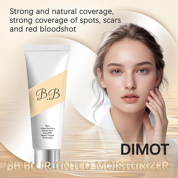 BB Blur Tinted Moisturizer SPF 30, BB Tinted Care Primerwith Brush, BB Cream Tinted Moisturizer for Woman (White, 1)