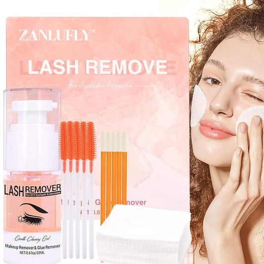 Lash Remover Kit for Lash Clusters&Makeup Eyelash Glue Remover Gel Individual Lash Glue Remover 20ml for Cluster Lashes with 50Pcs Cotton 5 Lash Brush 5 Wand Nourishing Eye Cleanser
