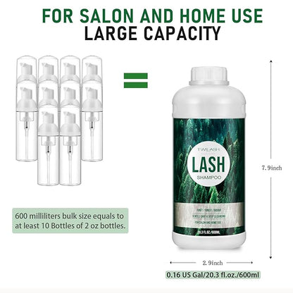 600ml Lash Shampoo Bulk, Eyelash Cleanser for Extensions, Safe Makeup Remover, Non-irritating or Burning Formula Eyelid Foaming Cleanser Best for Professional Salon and Home Use (Forest)