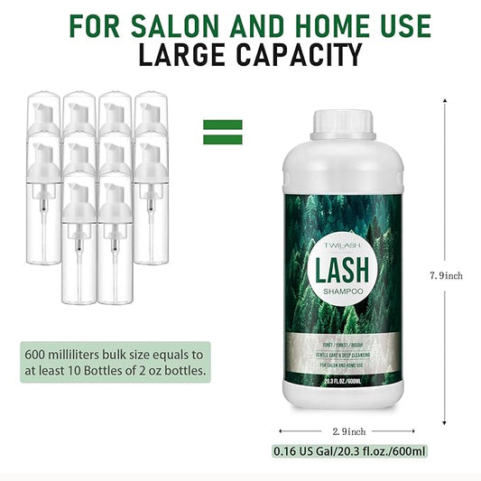 600ml Lash Shampoo Bulk, Eyelash Cleanser for Extensions, Safe Makeup Remover, Non-irritating or Burning Formula Eyelid Foaming Cleanser Best for Professional Salon and Home Use (Forest)