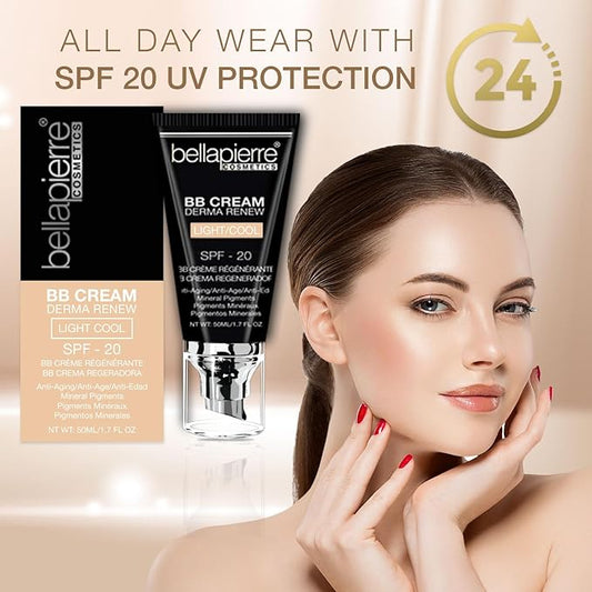 bellapierre BB Cream with SPF 20 - Tinted Sunscreen, Concealer, Matte Foundation, & Moisturizing Face Cream | Lightweight Formula + Pump Top Applicator | Paraben Free | 1.7 Oz - Medium Cool