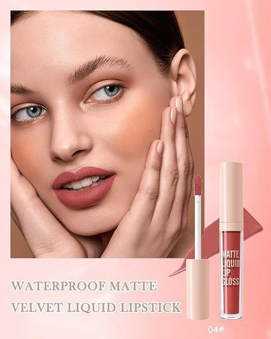 Matte Liquid Lipstick, Nude Red Velvet Lipstick Moisture Smooth Lip Stain Tint, 24H Stay Matte Lipstick, Non-Stick Cup Not Fade Long Wear Waterproof Lip Gloss Lipstick Gift for Women Girls-04#