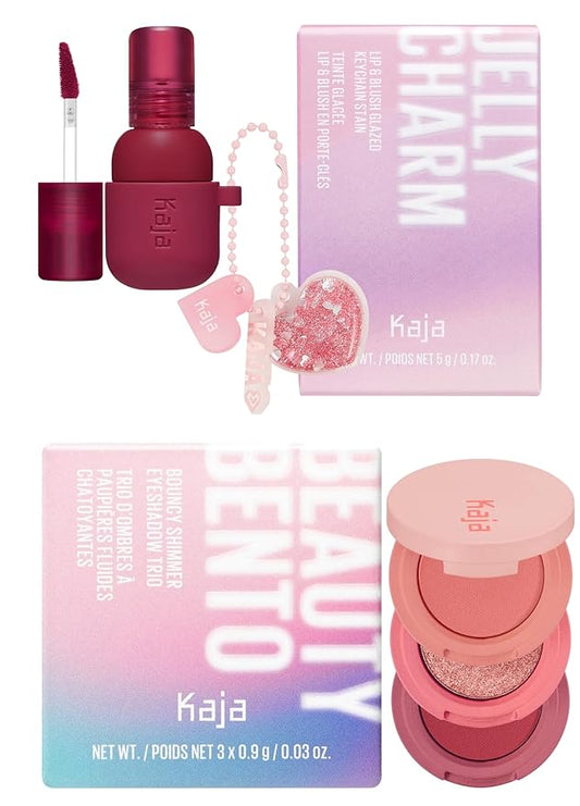 Kaja Lip & Blush Glazed Keychain Stain - Jelly Charm 01 Cherry Spritz + Beauty Bento Collection - Bouncy Eyeshadow Trio 07 Glowing Guava, 0.03 Oz Bundle