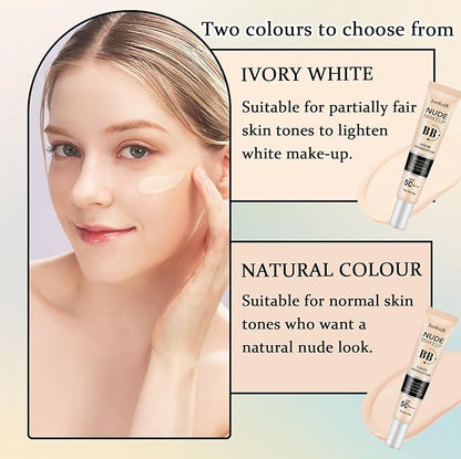 2PCS Hydrating BB Cream,Full Coverage Concealer Liquid Foundation for All Skin Types,Face Sunscreen SPF 50 PA++++ Long Lasting Moisturizing Oil Control Foundation Makeup Brush Set（Ivory & Natural）