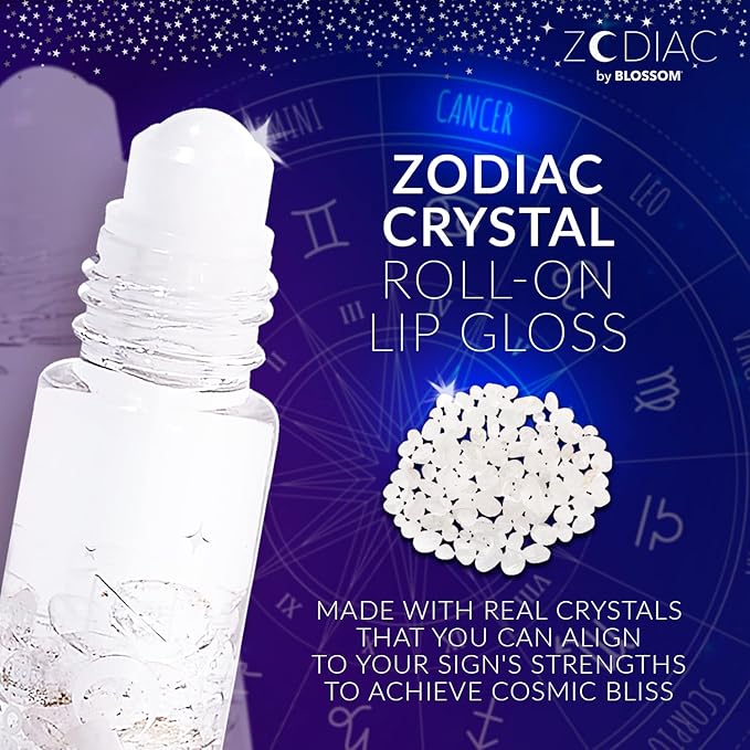 Blossom Lip Gloss Zodiac Sign Vanilla Scented Roll-On Lip Gloss, Moisturizing + Hydrating with Zodiac Crystals, Made in USA, 0.20oz, Cancer