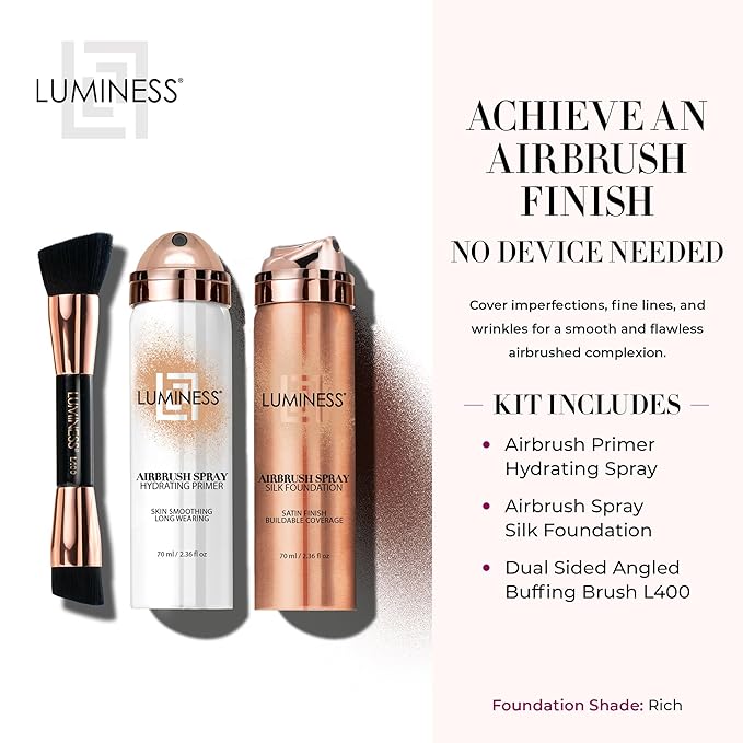 LUMINESS Airbrush Spray Silk Foundation Starter Kit - Rich - Foundation, Primer & Dual-Sided Angled Buffing Brush - Medium, Buildable Coverage, Anti-Aging Formula Hydrates & Moisturizes