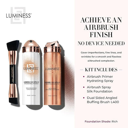 LUMINESS Airbrush Spray Silk Foundation Starter Kit - Rich - Foundation, Primer & Dual-Sided Angled Buffing Brush - Medium, Buildable Coverage, Anti-Aging Formula Hydrates & Moisturizes