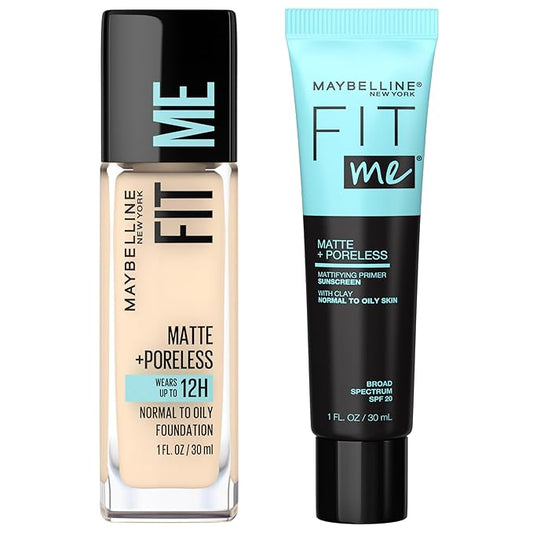 Maybelline Fit Me Matte + Poreless Liquid Foundation + Fit Me Mattifying Primer Makeup Bundle, Includes 1 Foundation in Porcelain and 1 Primer
