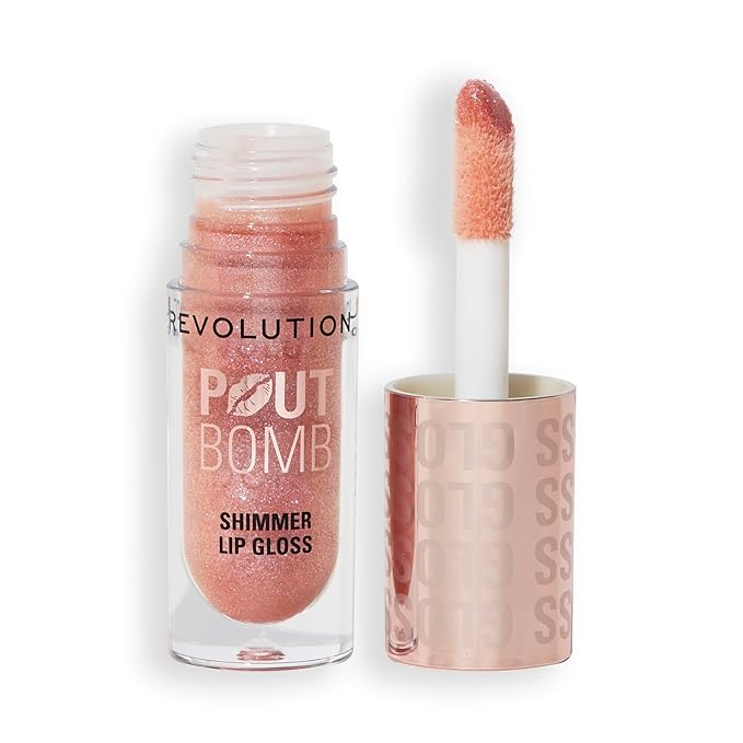 Revolution, Pout Bomb Shimmer Gloss, High-Shine Lip Gloss & Shimmer for Glossy Lips with Hyaluronic Acid & Sweet Vanilla Scent, Glimmer Nude, 0.15 Oz