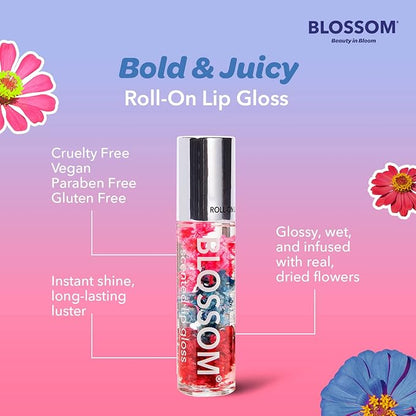 Blossom Roll on Lip Gloss, Scented Clear High Shine Moisturizing Lip Oil, Non Sticky, Infused with Real Flowers, Made in USA, 0.2oz, Island Fruit