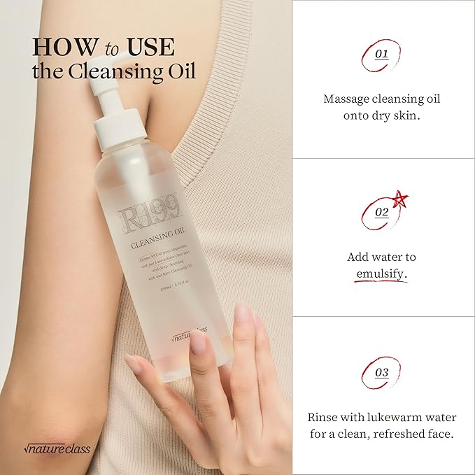 NATURECLASS] R199 Rice Cleansing Oil- Fast Emulsification, Pore-Cleansing, Blackhead Removal without Clogging Pores, Makeup Dissolving, and Hydrating Formula, Korean Skincare 6.76 Fl Oz