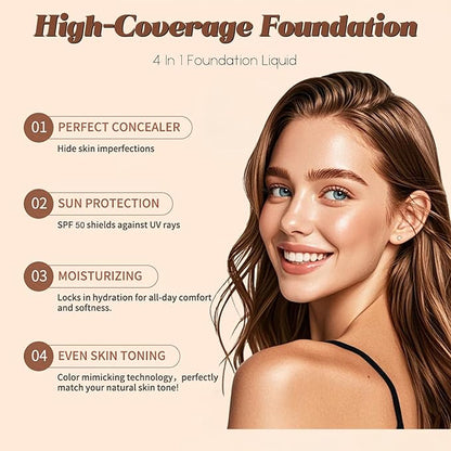 Color Changing Foundation 4 in 1 Medium Full Coverage Concealer Foundation，Match Cosmetics Foundation-Light Spectrum with SPF 50+，Oil Control & Longwearing & Waterproof for Concealer Makeup (1PCS)