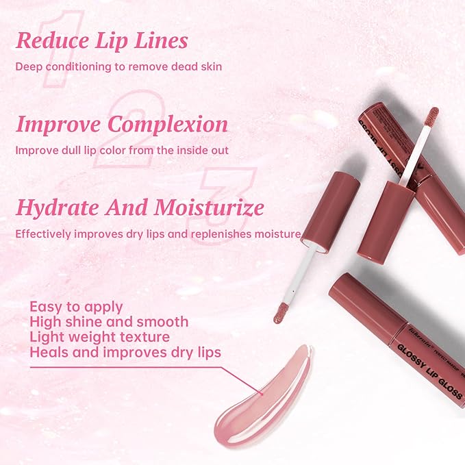 2 Color Nourishing Lip Gloss Brown Liner Combo, Hydration Plumping Glitter Lip Glow Oil Set for Women, Moisturizing Lightweight Long Lasting High Shine Lip Tint, Mini Liquid Lipstick Makeup