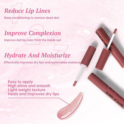 2 Color Nourishing Lip Gloss Brown Liner Combo, Hydration Plumping Glitter Lip Glow Oil Set for Women, Moisturizing Lightweight Long Lasting High Shine Lip Tint, Mini Liquid Lipstick Makeup