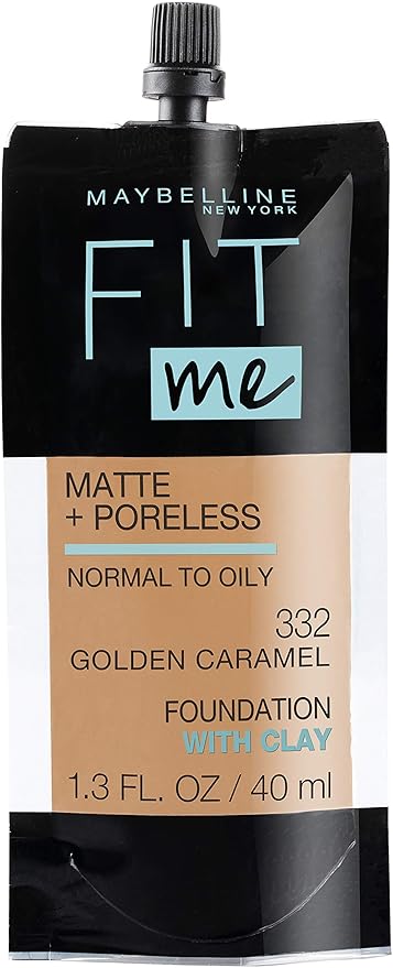 Maybelline New York Fit Me Matte + Poreless Liquid Foundation, Pouch Format, 332 Golden Caramel, 1.3 Ounce