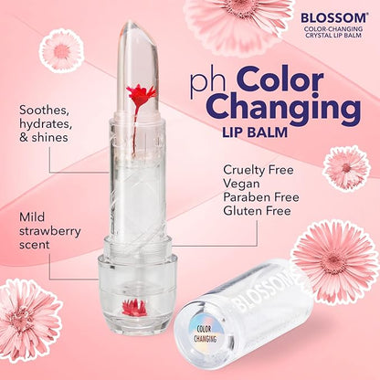 Blossom Moisturizing Scented pH Color Changing 2 pack, Strawberry Scented Crystal Lip Balm (Red), Shimmer Sparkle Lip Stain Tint (Blush), Infused with Real Flowers, 6g, Red/Blush