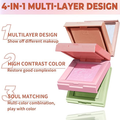 4 in 1 Blush Palette, 4 Colors Matte Face Powder Blush for Cheek, Coral Orange, Hot Pink, Lavender Purple, Refresh Green Face Rouge Long Lasting High Pigment Lightweight Korean Blush Makeup04#
