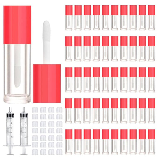 50pcs 2.5ml Empty Lip Gloss Containers Lip Gloss Tubes with Wand Cute 0.08oz Clear Refillable Lipgloss Making Supplies Kit for DIY Makeup + 2pcs Syringes (Red)