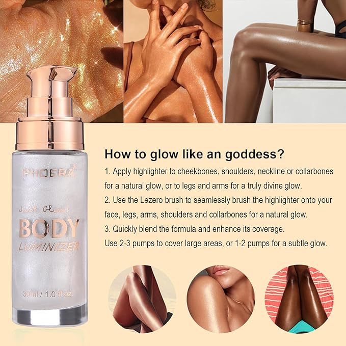 Diamond Platinum #05 Body Shimmer Oil: Waterproof, Long-Lasting Moisturizing Bronze Glow for Face & Body, 1oz Jars, Includes Makeup Brush