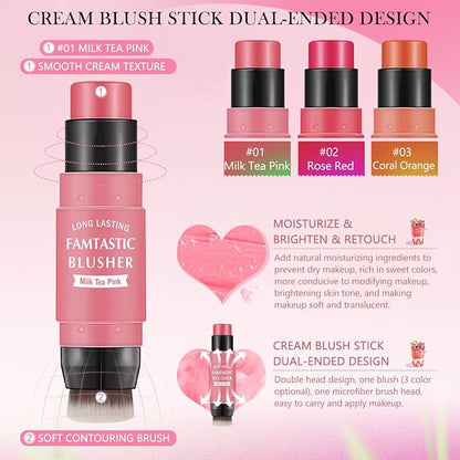 Cream Blush Stick for Cheeks - 2 in 1 Multi Makeup Blush with Brush for Cheeks Tint & Eyes & Lips, Waterproof Smooth Creme Texture, Long-lasting Wear All Day, #01 Cherry Pink