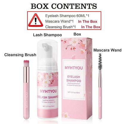 Eyelash Extension Cleanser, BREYLEE Upgraded Eyelash Extension Shampoo 60ML+Mascara Wand+Brush Eyelash Foam Cleanser For Extensions and Natural Lashes