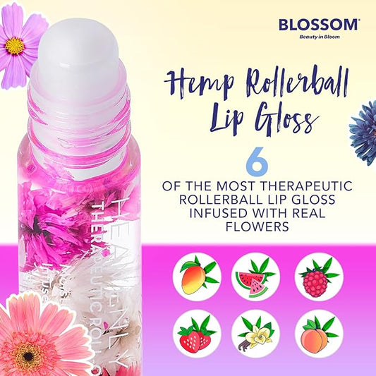 Blossom Roll on Lip Gloss, Scented Clear High Shine Moisturizing Lip Oil, Non Sticky, Infused with Real Flowers, Made in USA, 0.2oz, Watermelon Hemp
