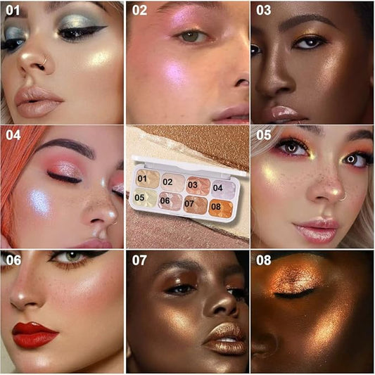 8 Colors Face Body Cheek Diamond Shimmer Highlighter Palette - Gold Shimmer Blush Bronzer and Makeup Powder C01