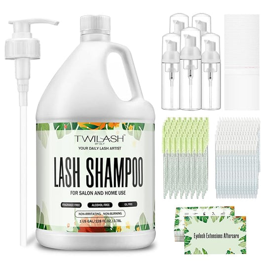 Lash Shampoo Bulk, Eyelash Cleanser for Extensions 1 Gallon / 3.8L - Includes 50 Aftercare Kits, 5 Foam Pump Bottles, Dispenser Pump - Eyelid Foaming Cleanser for Professional Salon and Home Use