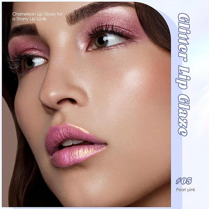 Hot Pink Glitter Lip Gloss Liquid Lipstick, Diamond Shimmer Metallic Sparkly Iridescent Chameleon Lip Gloss Gift for Women, Long Lasting Waterproof Highly Pigment Holographic Lip Makeup05