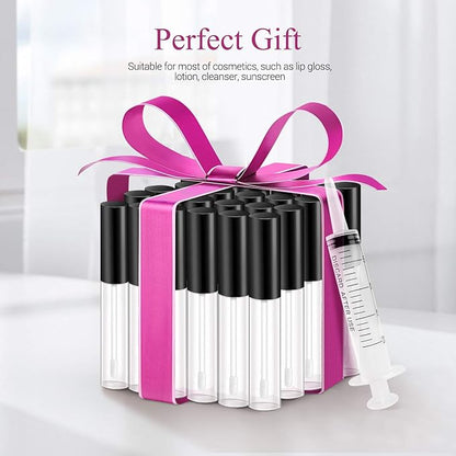 KPX 30 Pcs lip Gloss Tube Containers Bulk Wand 10ml Empty Clear Pink Lip Oil Tubes Refillable Lip Balm Bottles with Rubber Insert for DIY Makeup Such as Lip Samples, Homemade Lip Balm(Black)