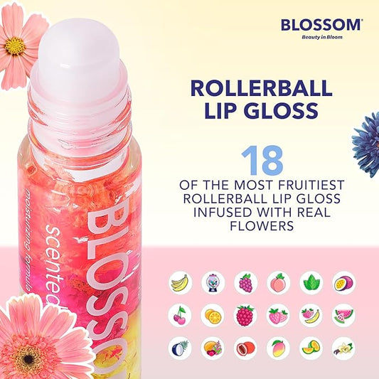 Blossom Scented Roll on Lip Gloss, Infused with Real Flowers, Made in USA, 0.4 fl. oz./11.8ml, 2 pack Gift Set, Strawberry/Raspberry